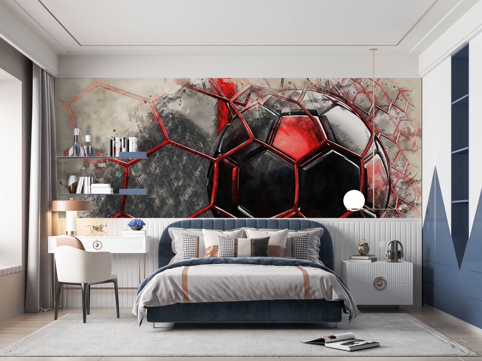 Fototapet plasa este ruptă de mingea de fotbal