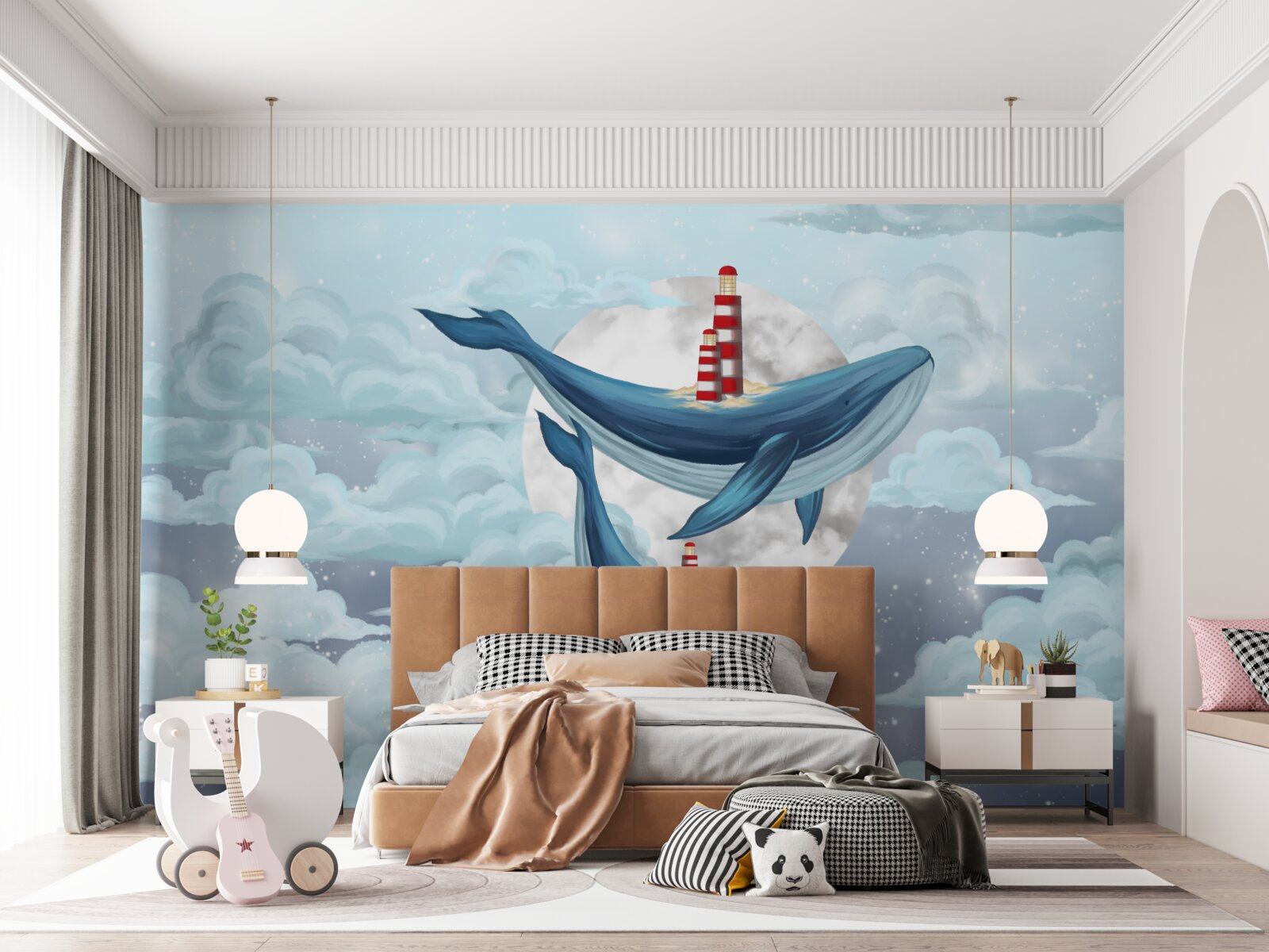 Fototapet balene pe o lună înnorată