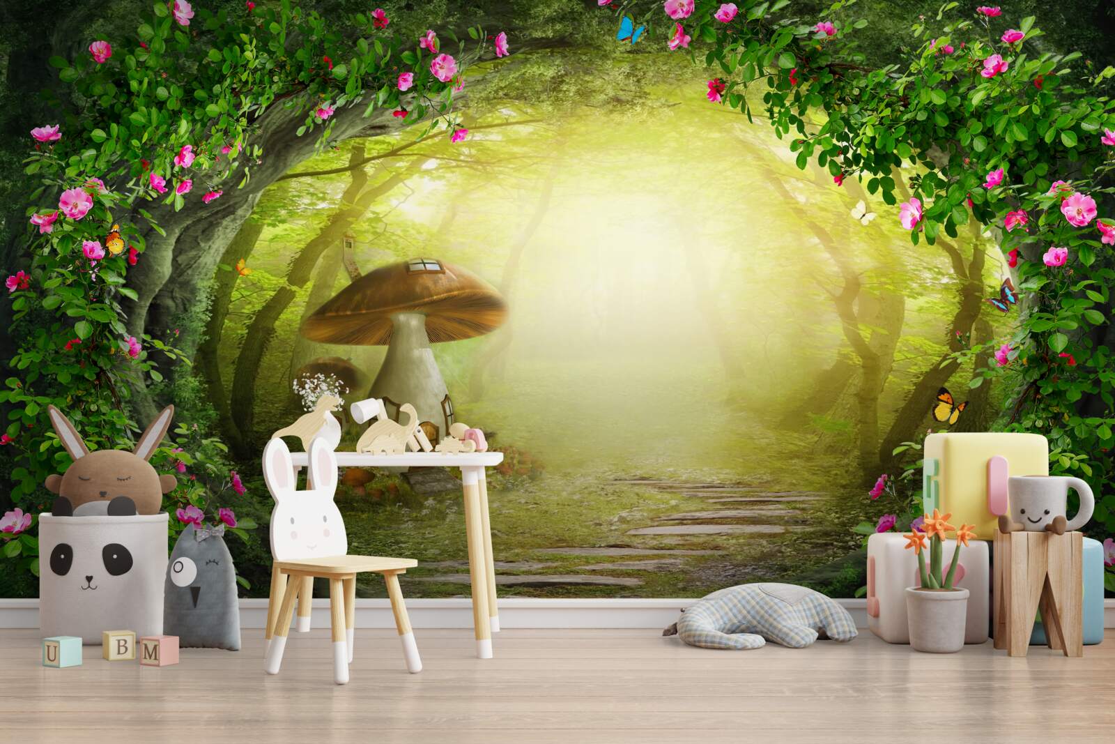 Fototapet casa cu ciuperci în zori în pădure