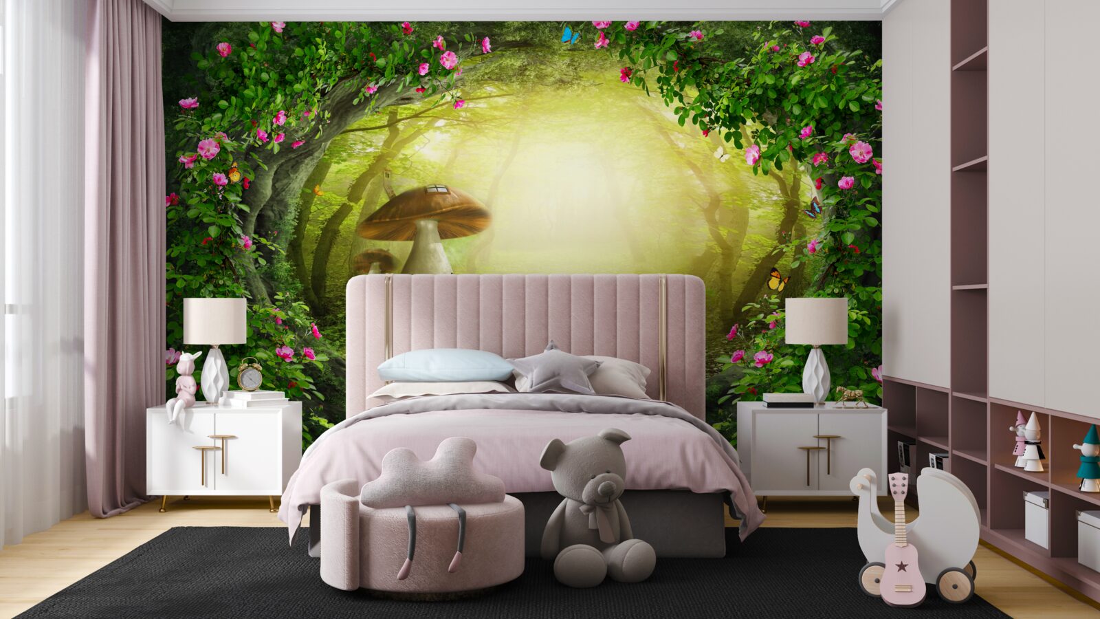 Fototapet casa cu ciuperci în zori în pădure