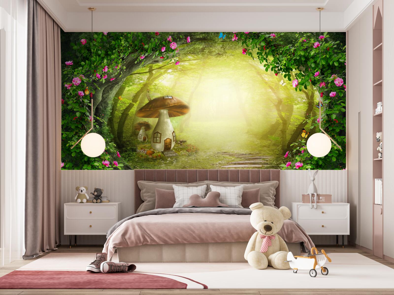 Fototapet casa cu ciuperci în zori în pădure