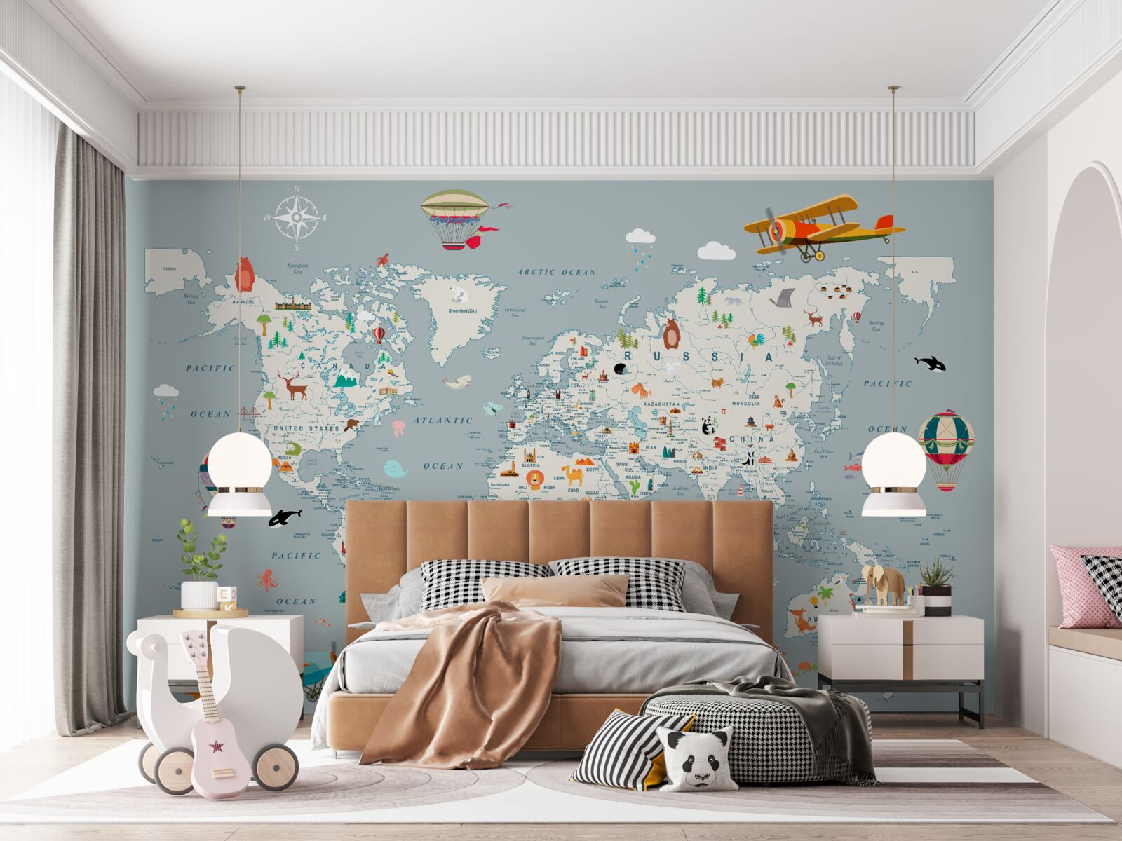 Fototapet harta lumii și călătorii cu avionul