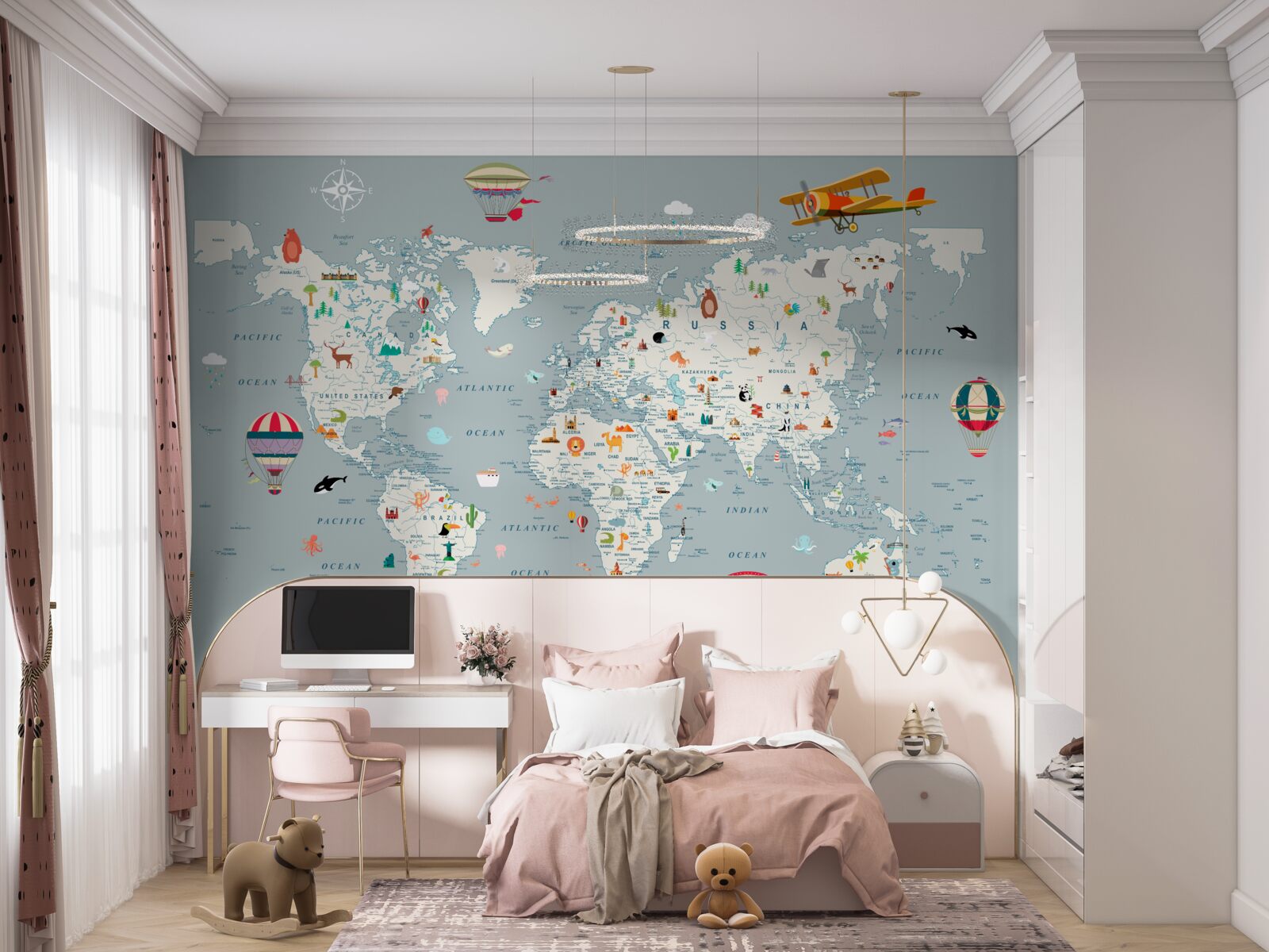 Fototapet harta lumii și călătorii cu avionul