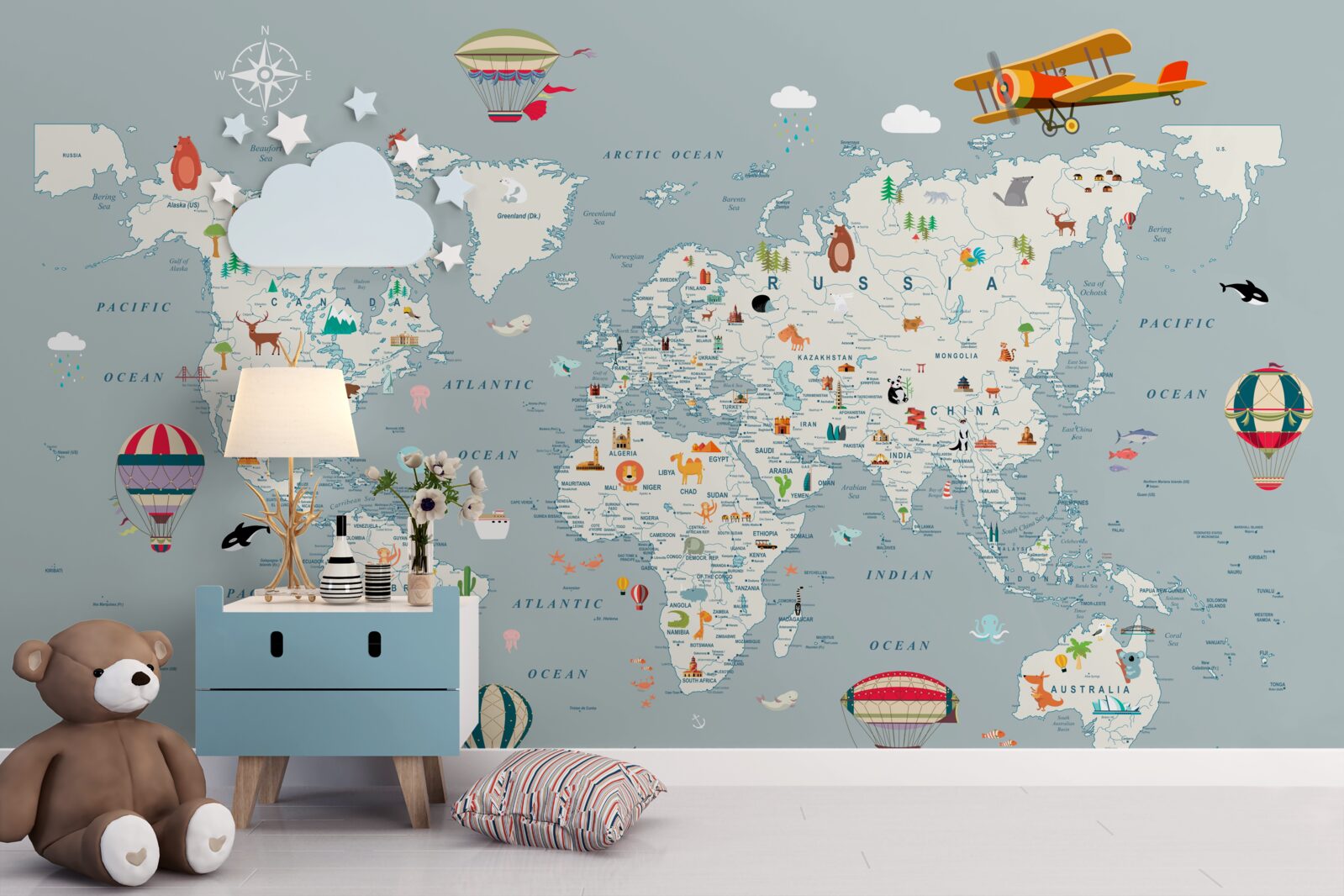 Fototapet harta lumii și călătorii cu avionul