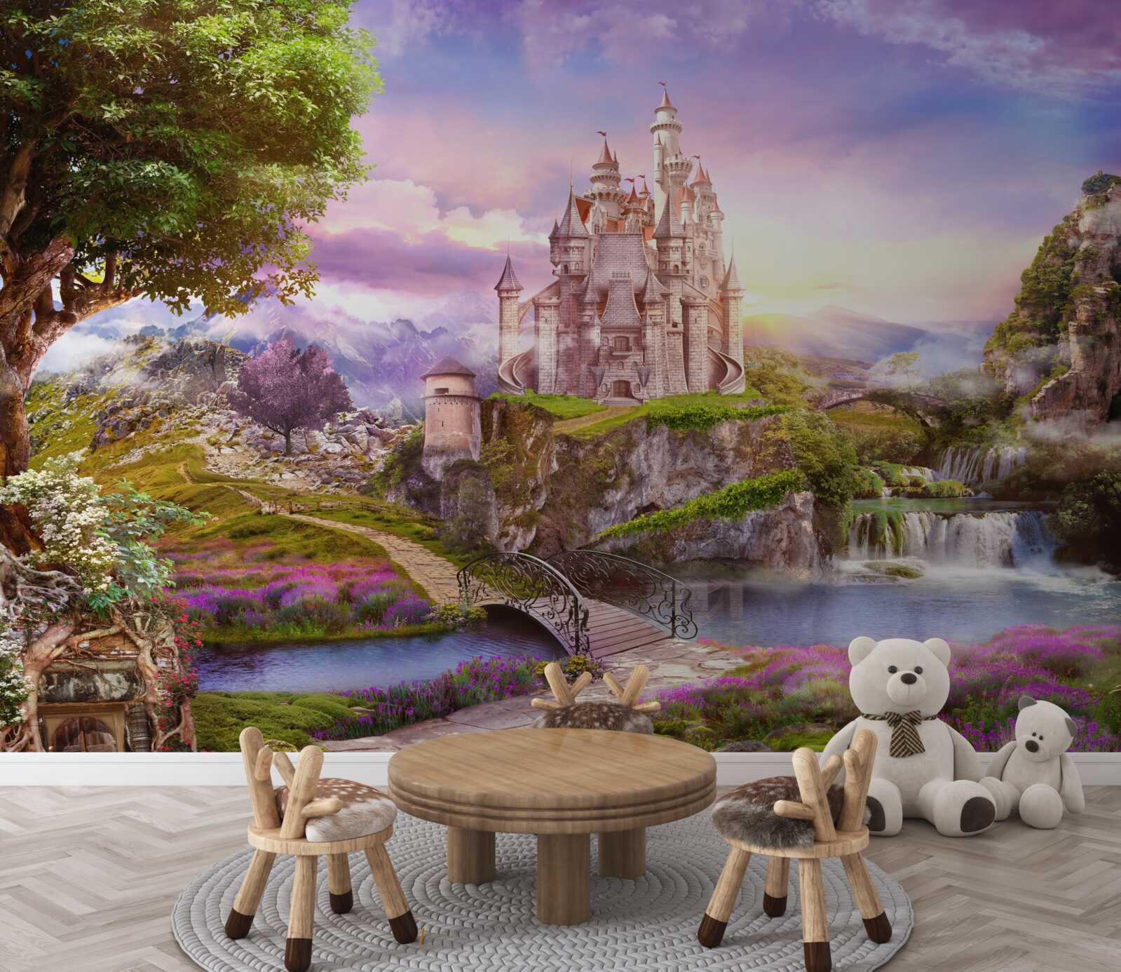 Fototapet pe cealaltă parte a râului există o fortăreață magică