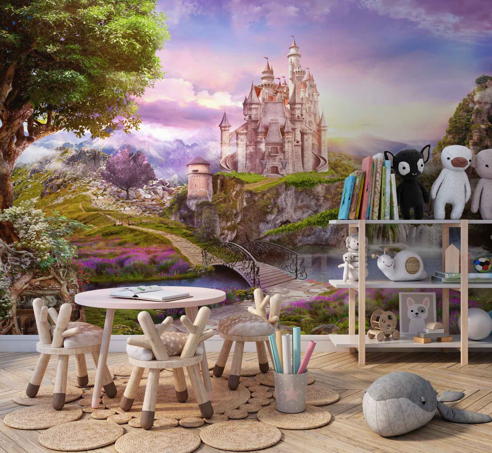 Fototapet pe cealaltă parte a râului există o fortăreață magică