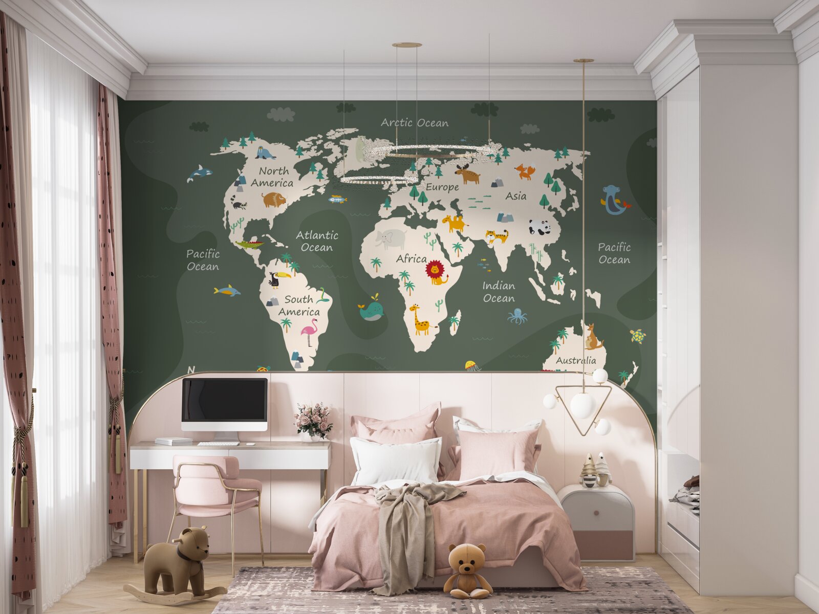 Fototapet harta lumii pe timp de noapte cu imagini ale principalelor animale