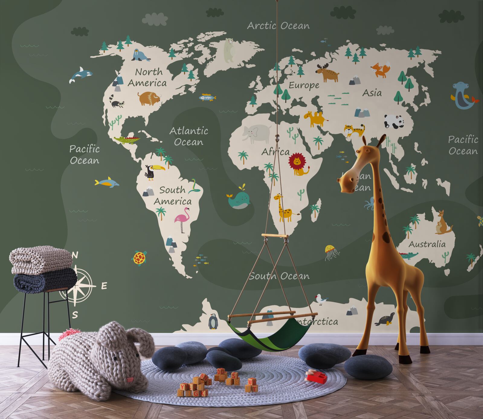 Fototapet harta lumii pe timp de noapte cu imagini ale principalelor animale