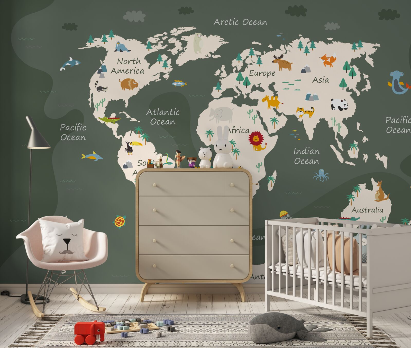 Fototapet harta lumii pe timp de noapte cu imagini ale principalelor animale