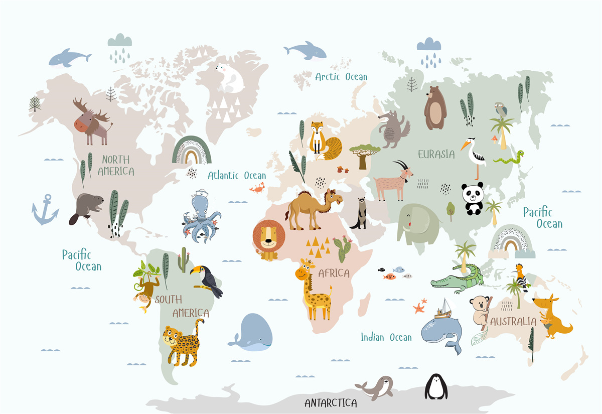 Fototapet hartă a lumii și reprezentanți ai continentelor