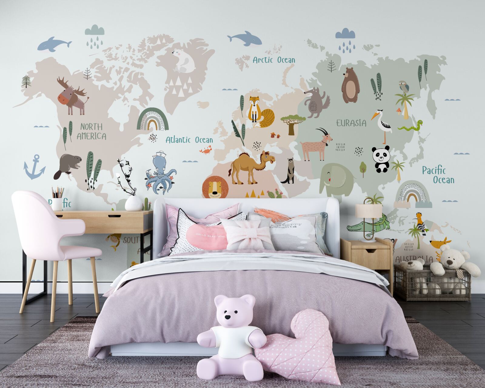 Fototapet hartă a lumii și reprezentanți ai continentelor