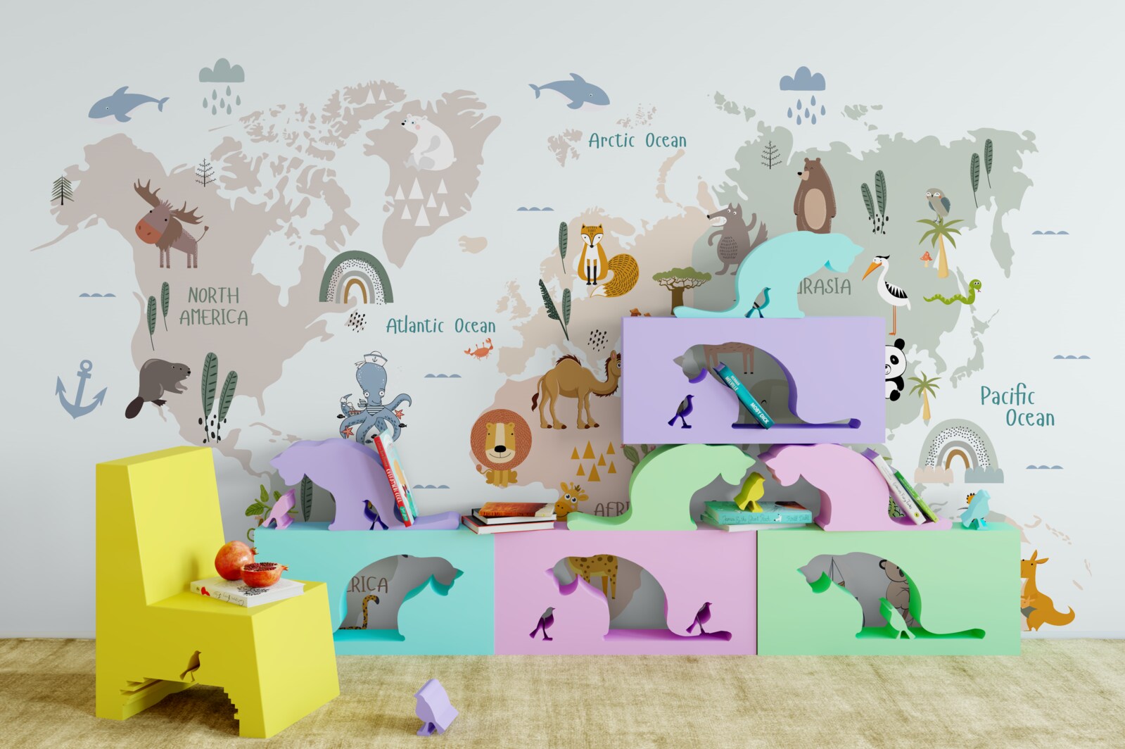 Fototapet hartă a lumii și reprezentanți ai continentelor