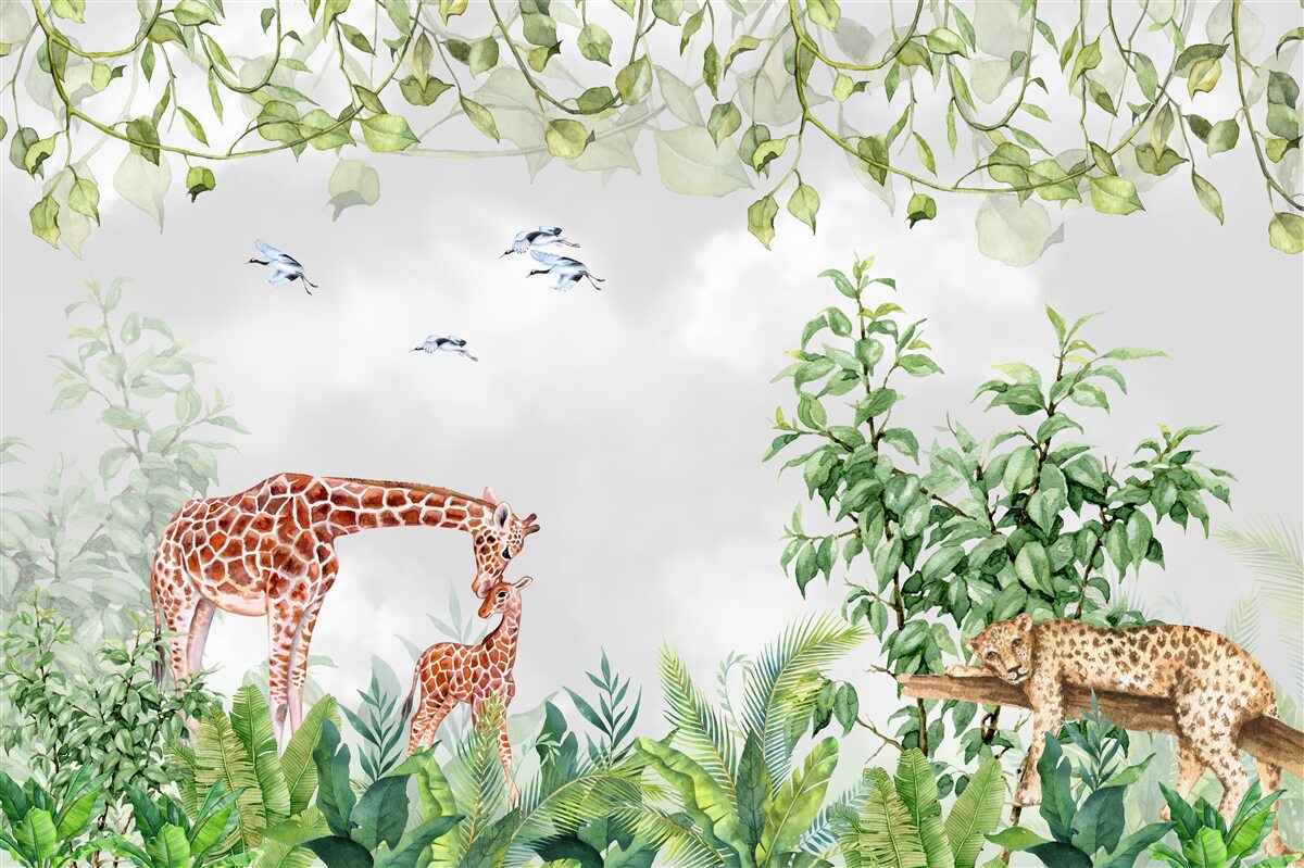 Fototapet tigri și o girafă se odihnesc în junglă