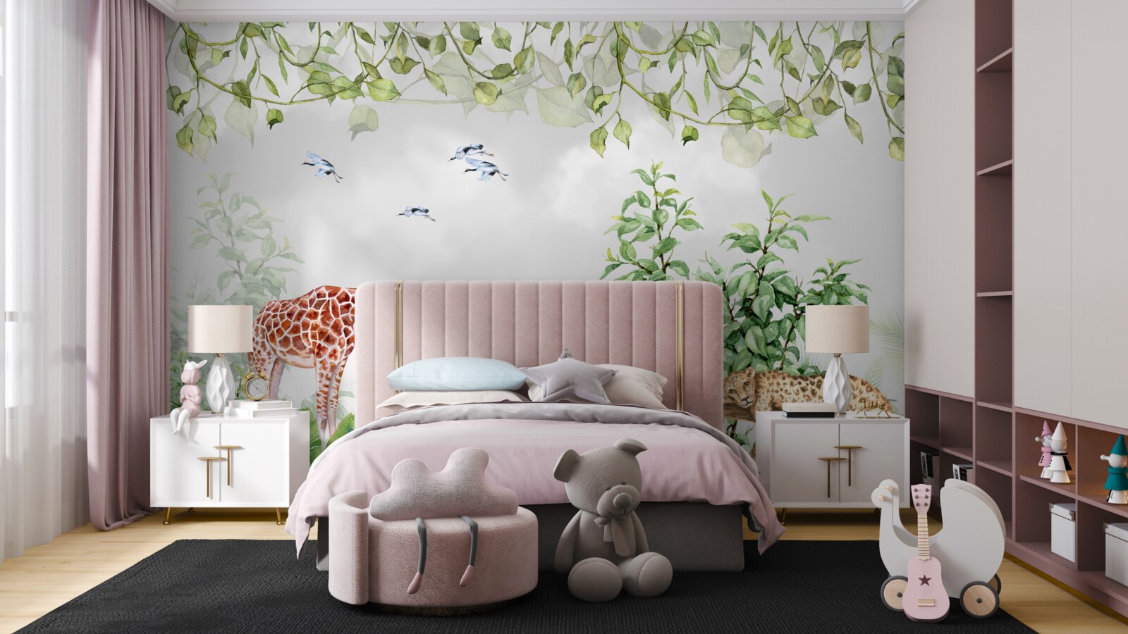 Fototapet tigri și o girafă se odihnesc în junglă