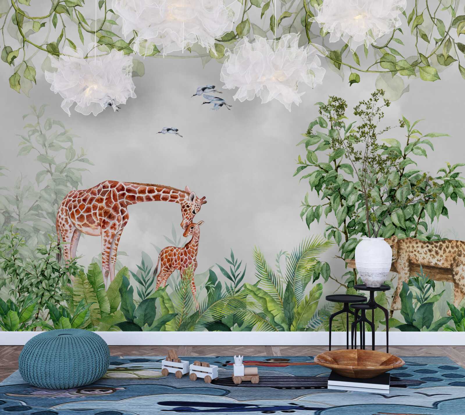 Fototapet tigri și o girafă se odihnesc în junglă