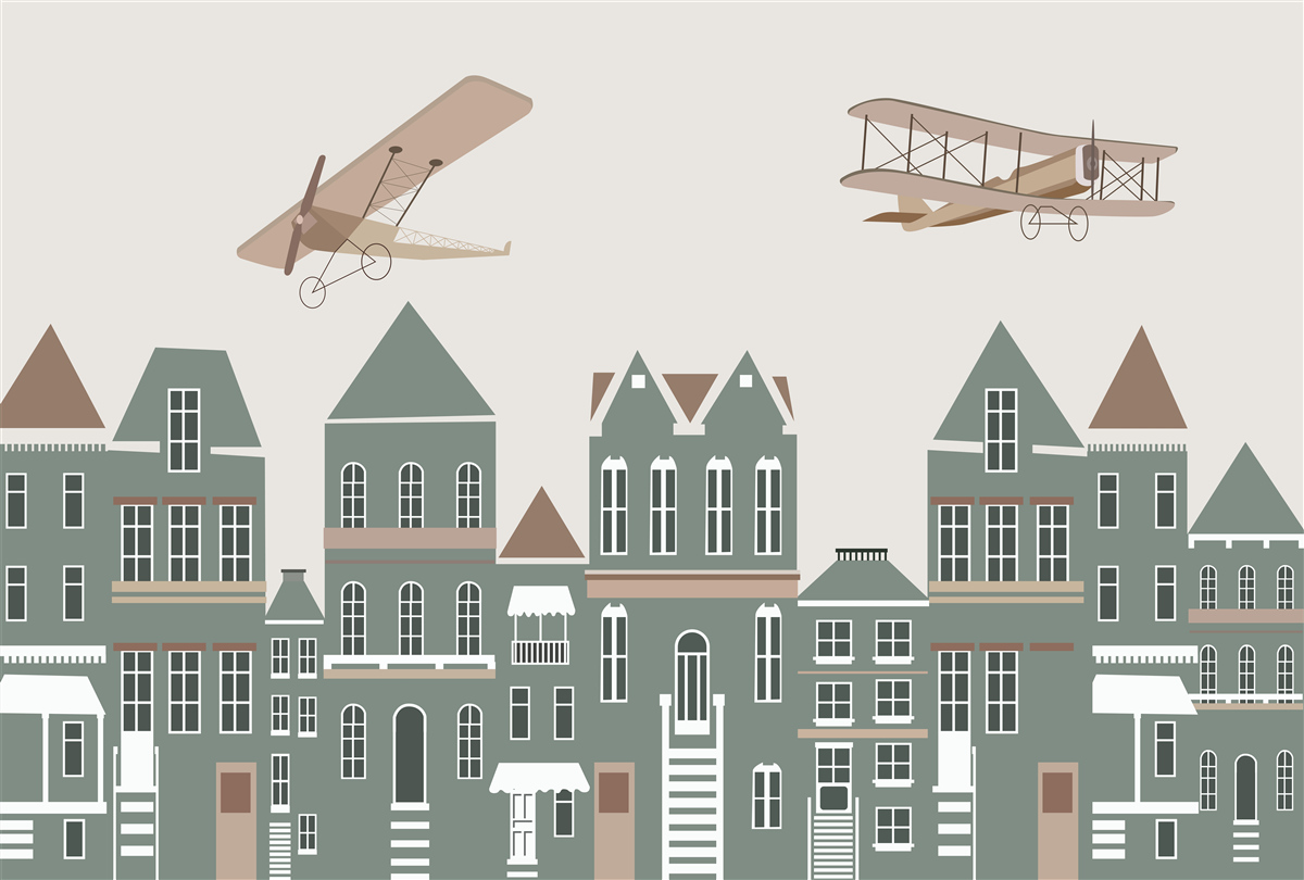 Fototapet avioane care plutesc deasupra caselor