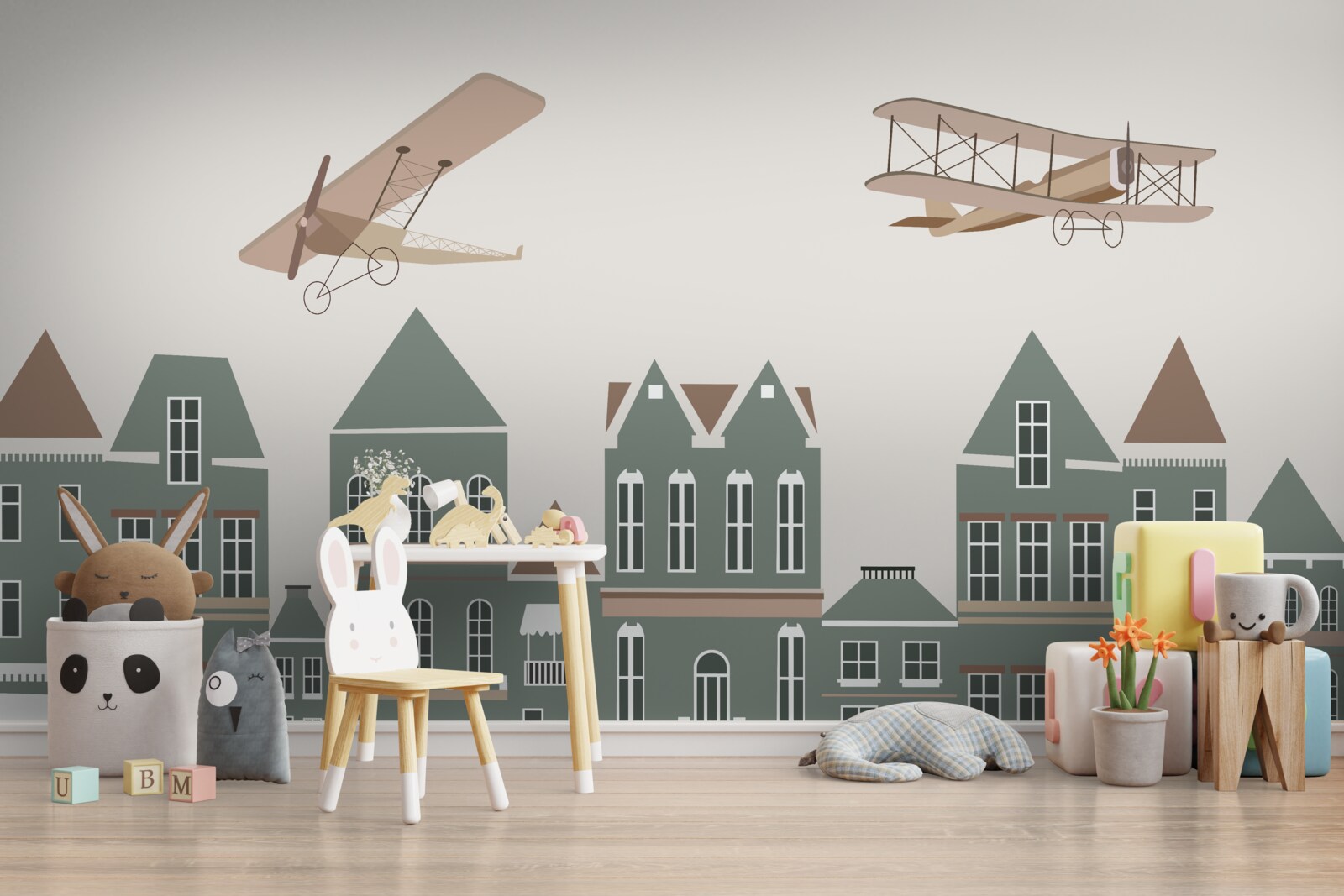 Fototapet avioane care plutesc deasupra caselor