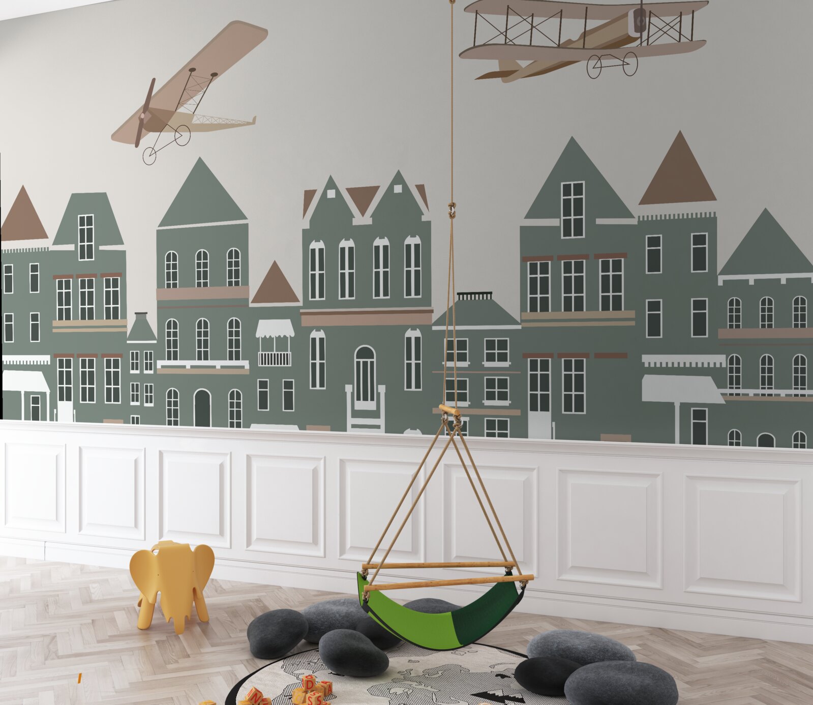 Fototapet avioane care plutesc deasupra caselor