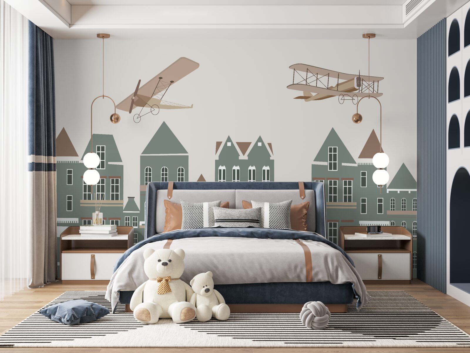 Fototapet avioane care plutesc deasupra caselor