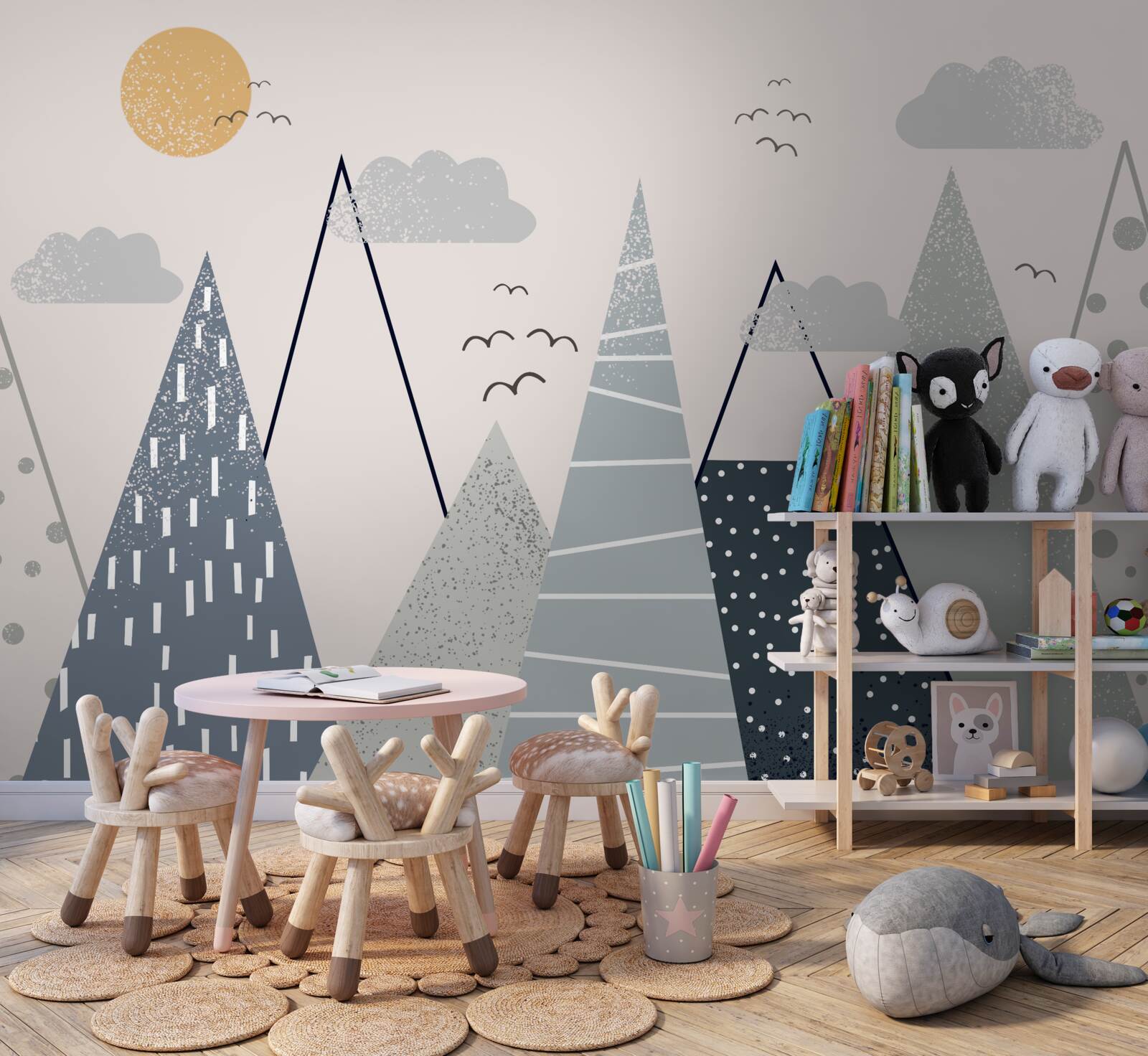 Fototapet soarele se ascunde în spatele vârfurilor munților