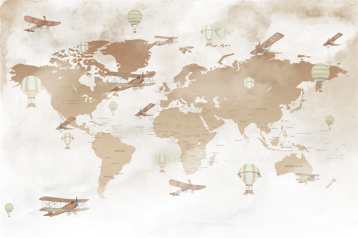 Fototapet harta lumii maro cu aeronave reprezentate