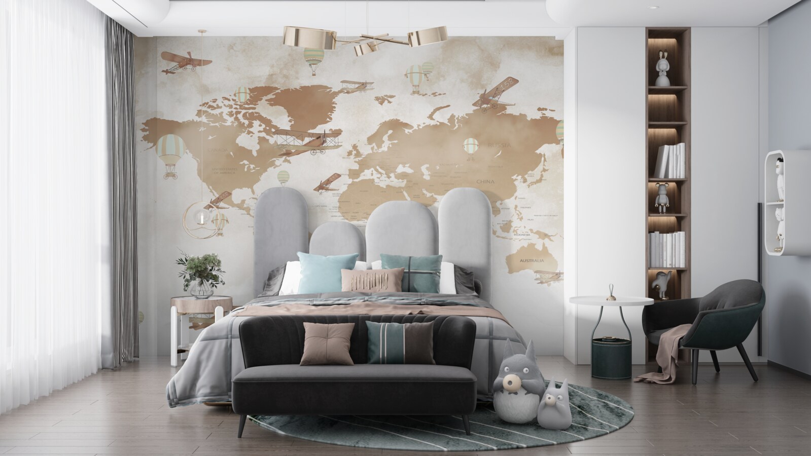 Fototapet harta lumii maro cu aeronave reprezentate