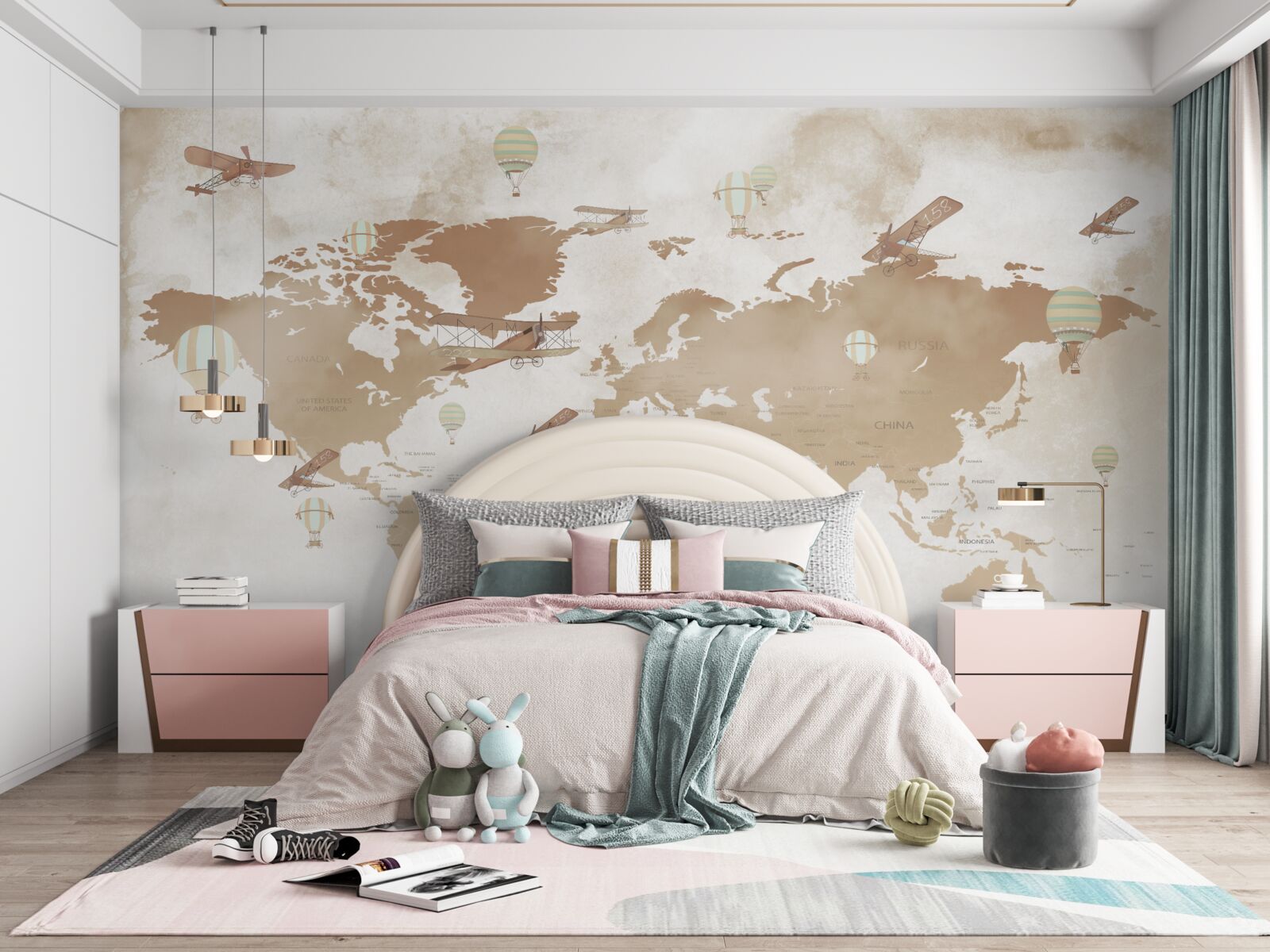 Fototapet harta lumii maro cu aeronave reprezentate