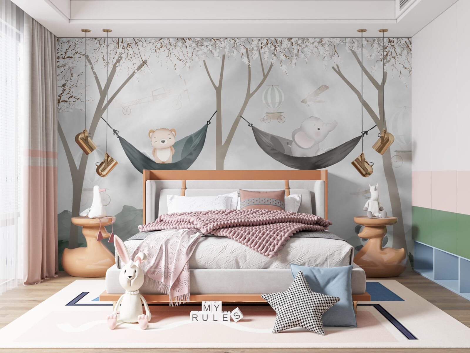 Fototapet tineri care locuiesc în pădure lângă copaci