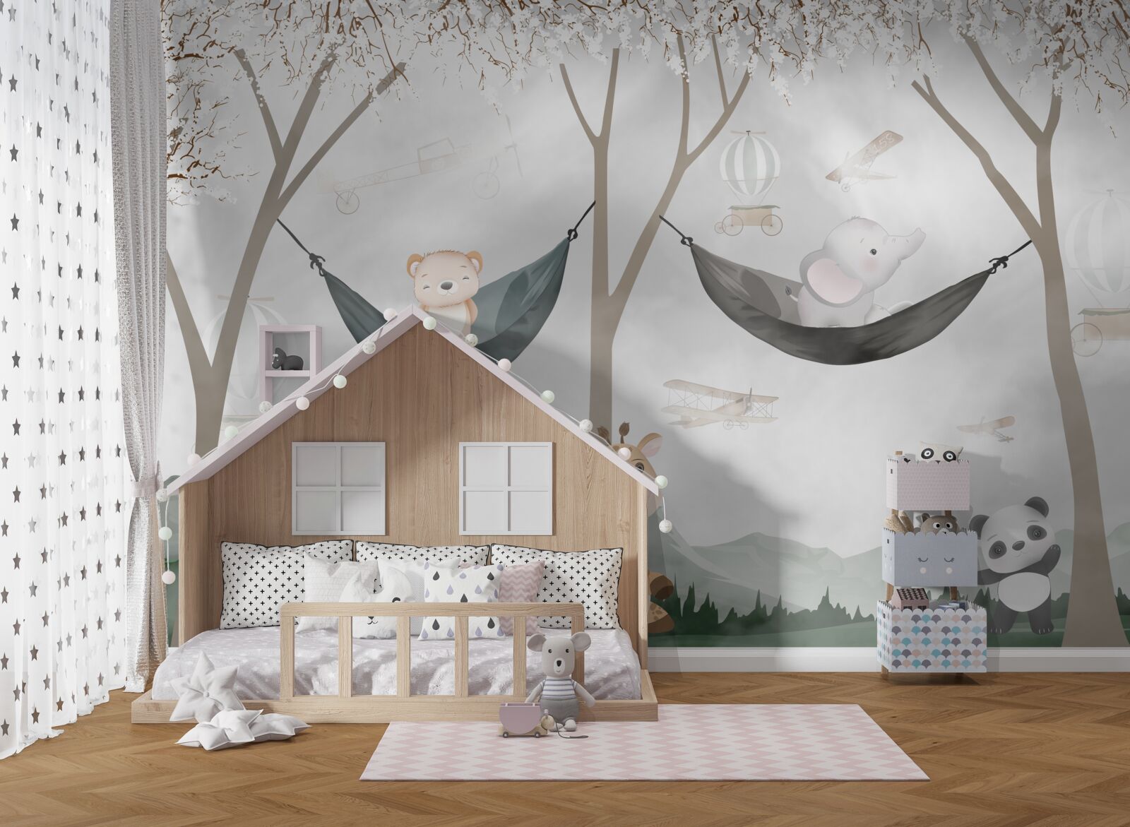 Fototapet tineri care locuiesc în pădure lângă copaci