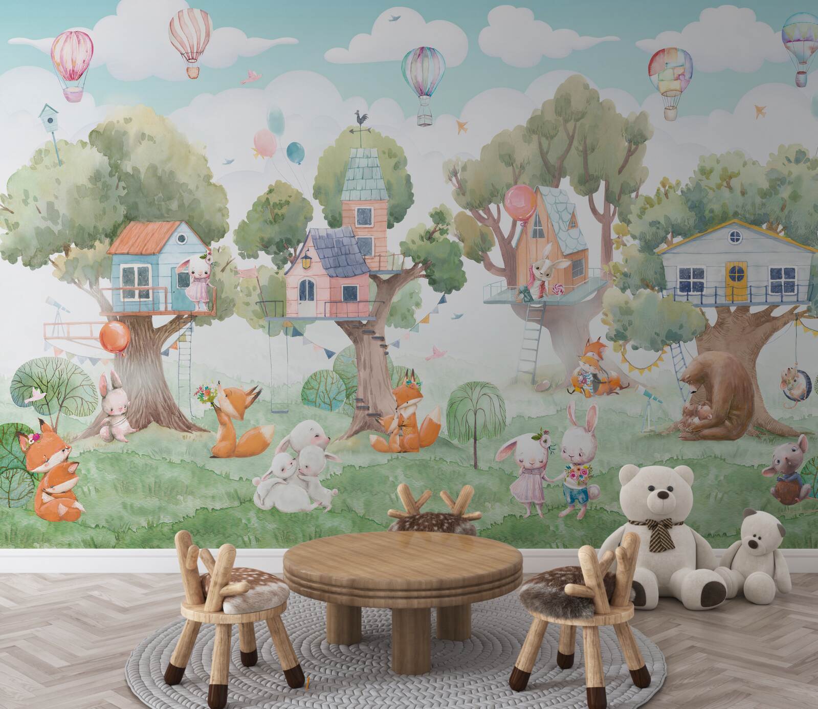 Fototapet case din lemn construite de copii