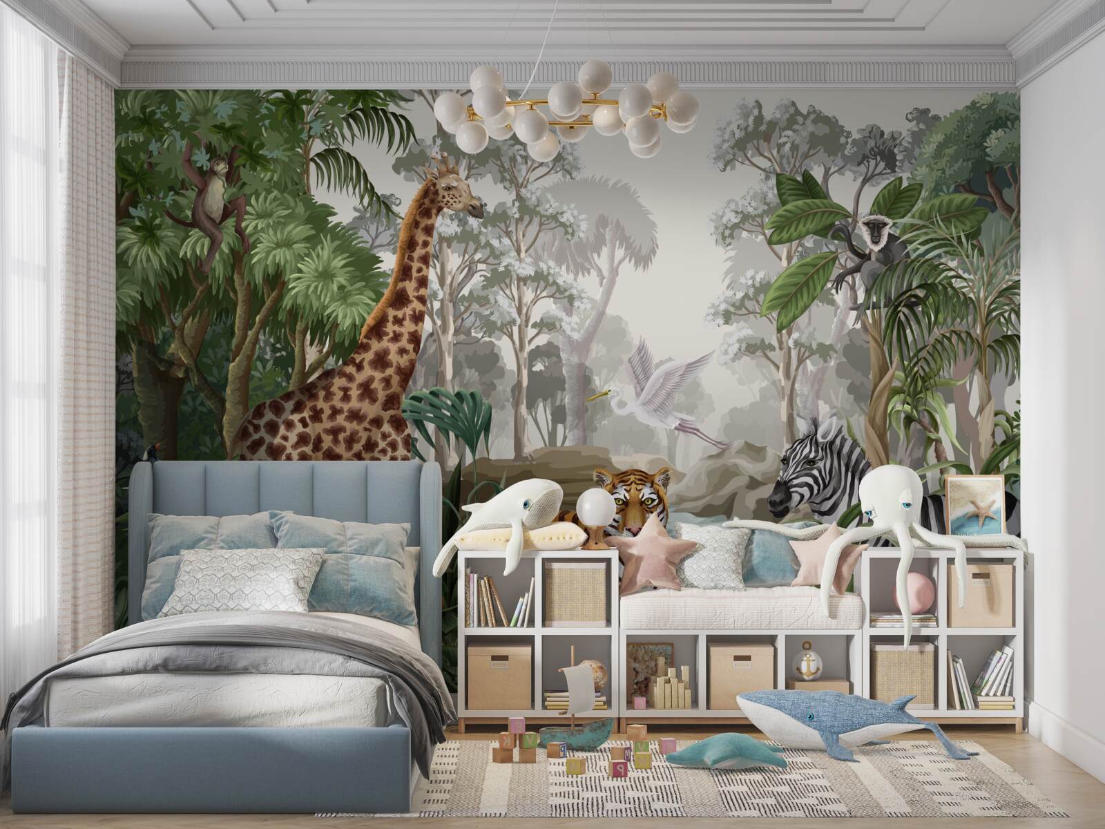 Fototapet Girafe, tigri și zebre în pădurea tropicală