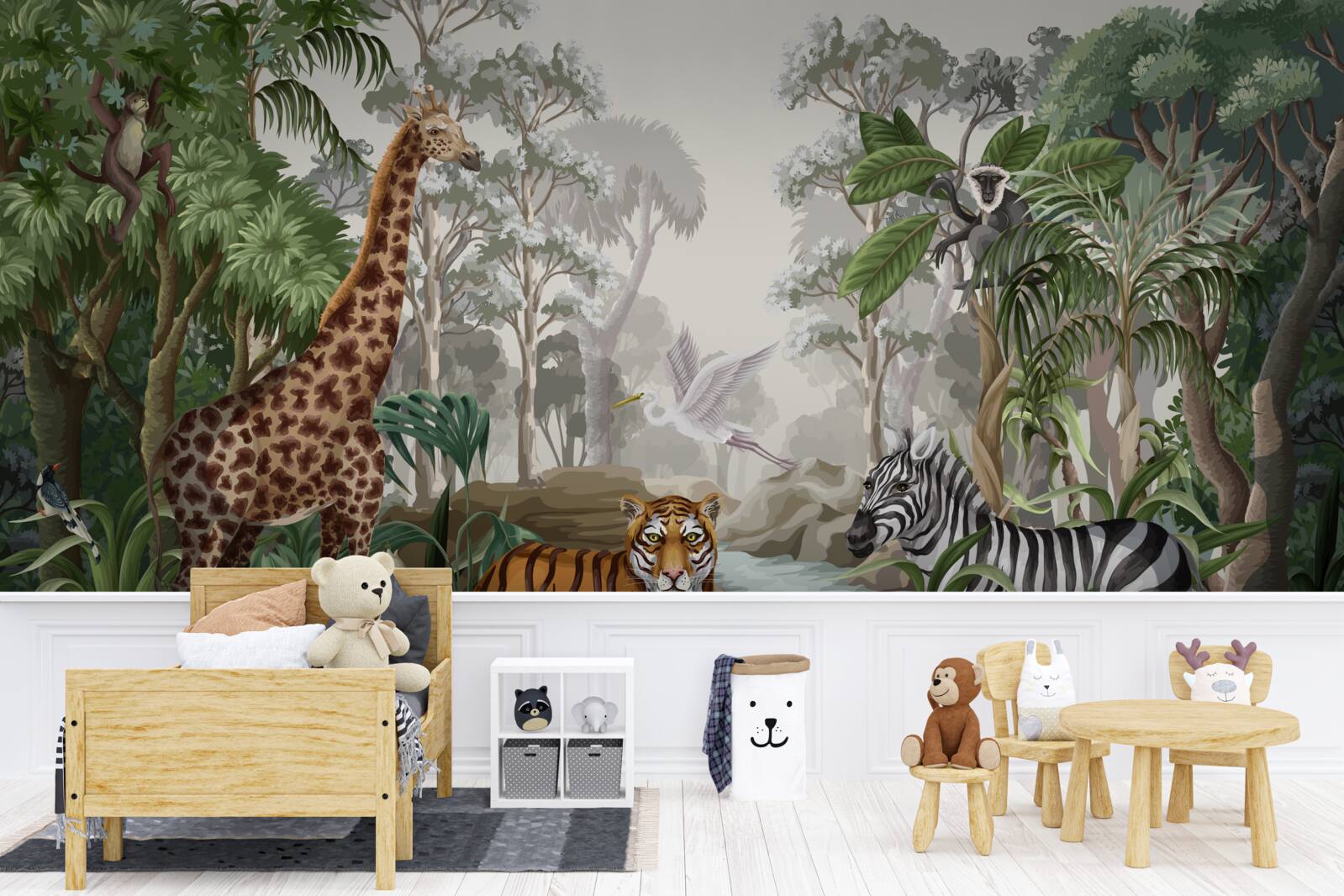 Fototapet Girafe, tigri și zebre în pădurea tropicală