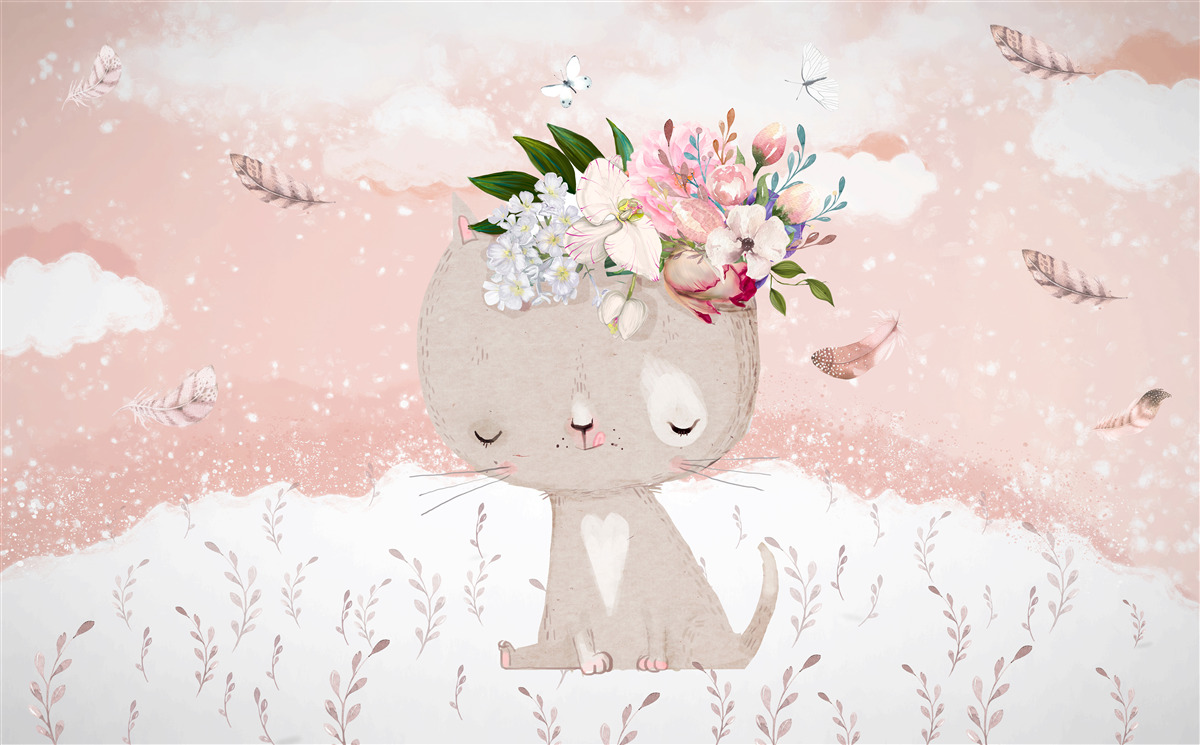 Fototapet pisică drăguță printre flori