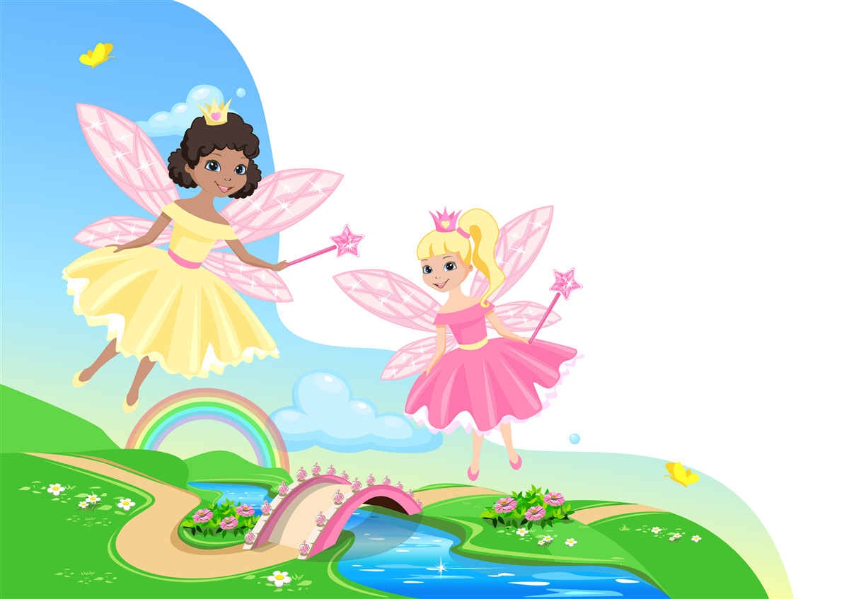 Fototapet zâne magice peste arcul podului și arcul curcubeu