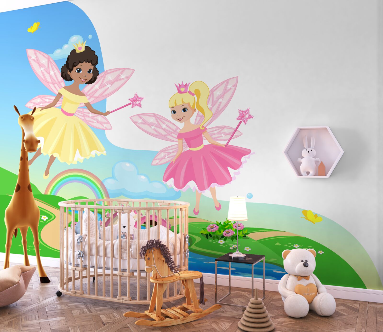 Fototapet zâne magice peste arcul podului și arcul curcubeu