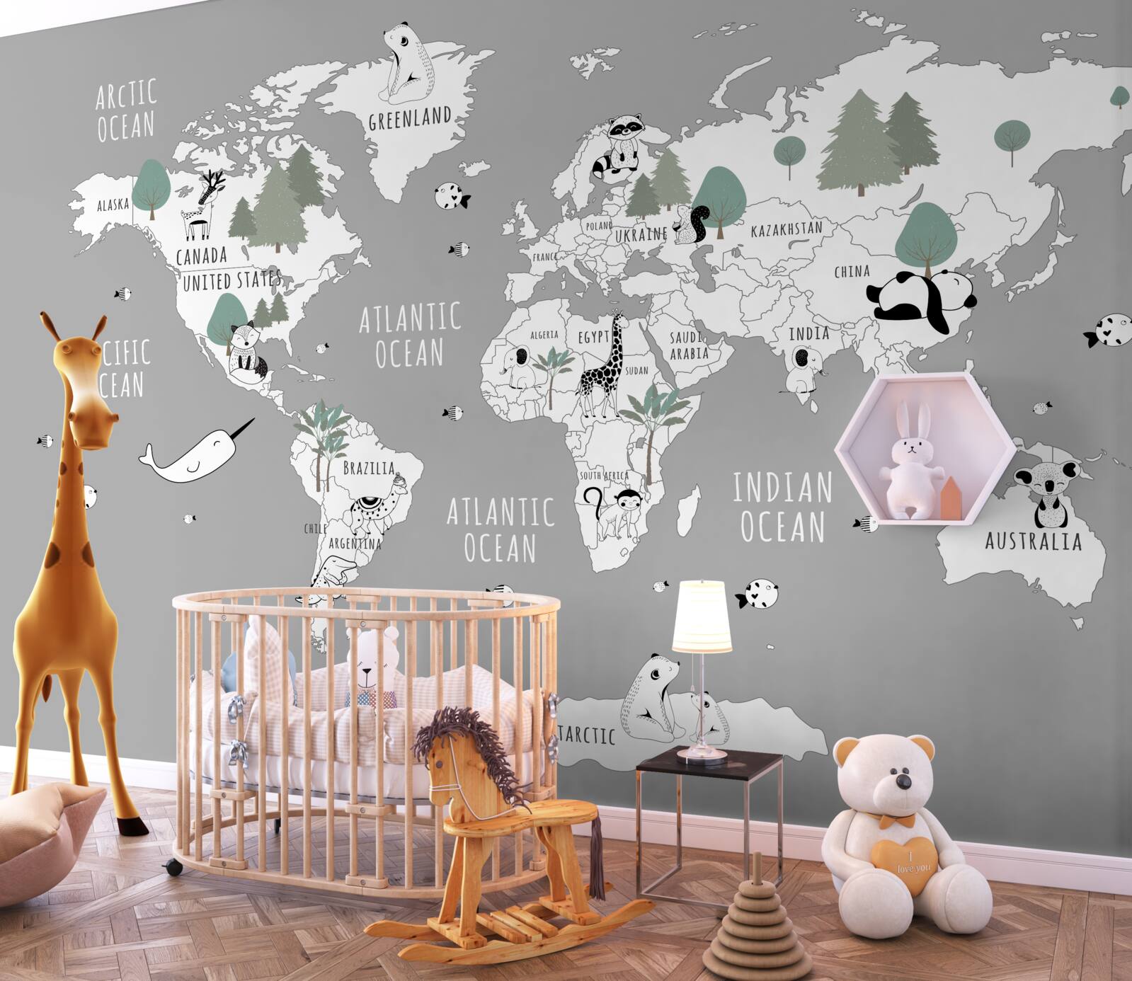 Fototapet harta lumii în alb, decorată cu pandas