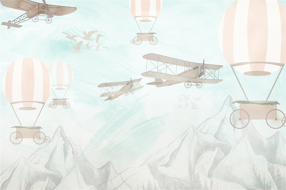 Fototapet baloane și avioane survolează munții