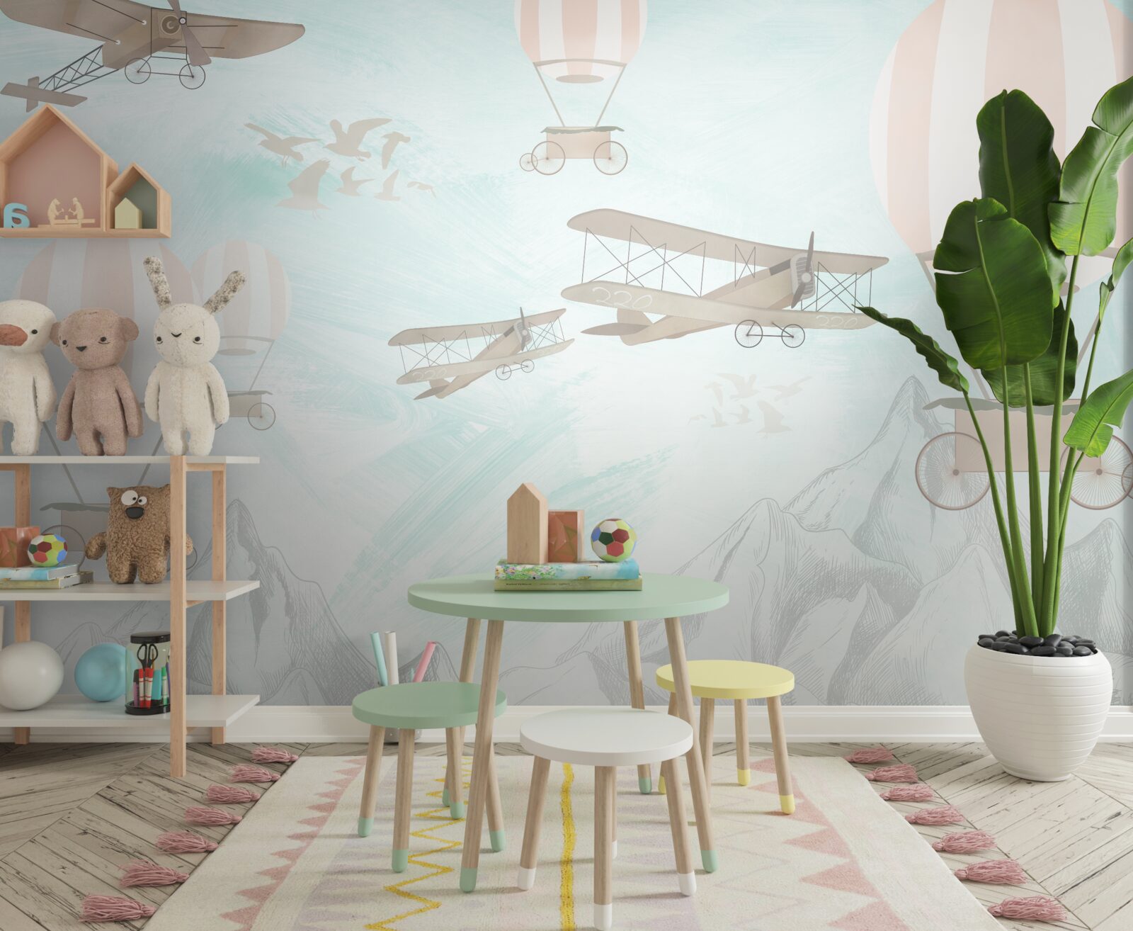 Fototapet baloane și avioane survolează munții