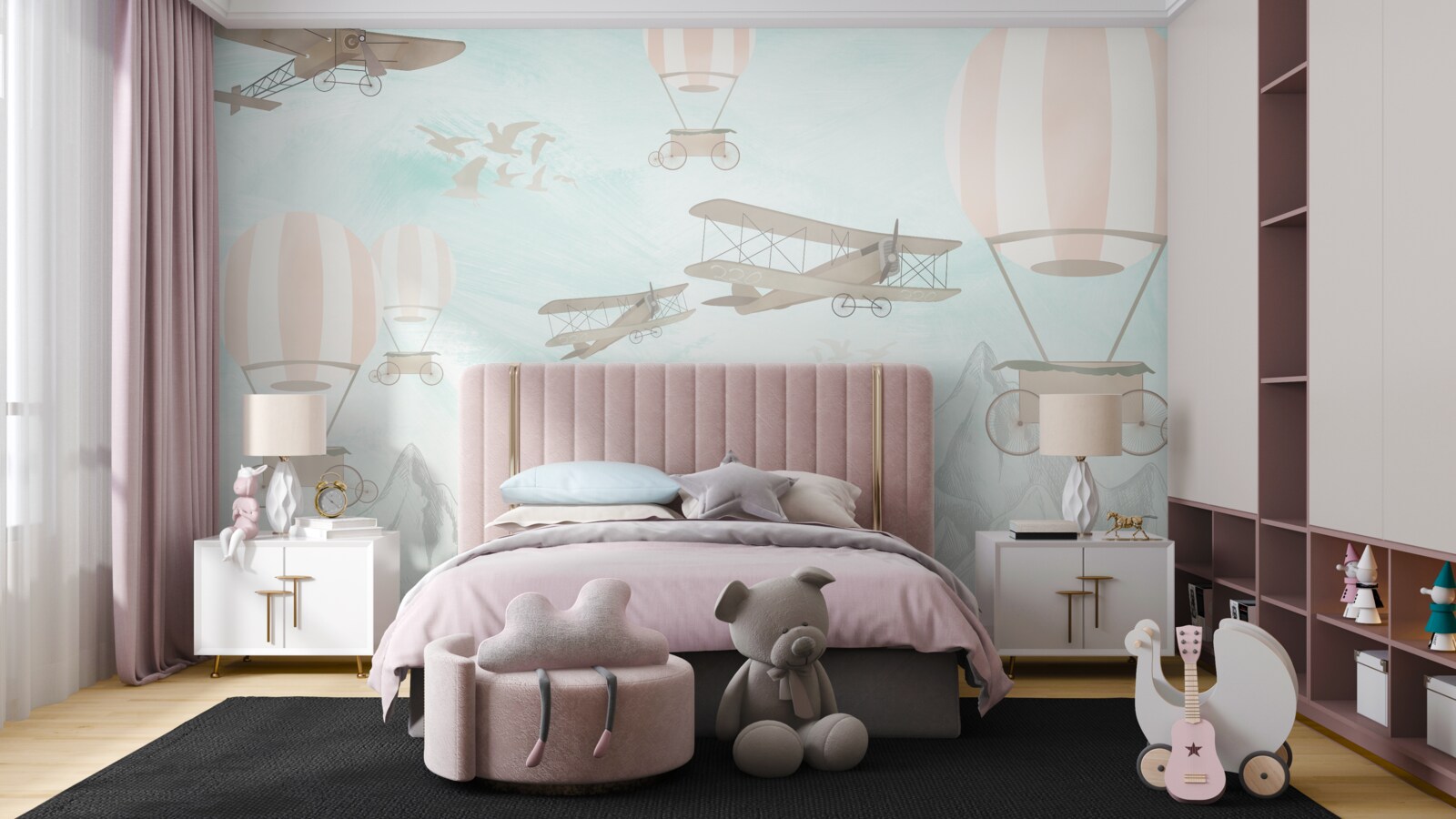 Fototapet baloane și avioane survolează munții