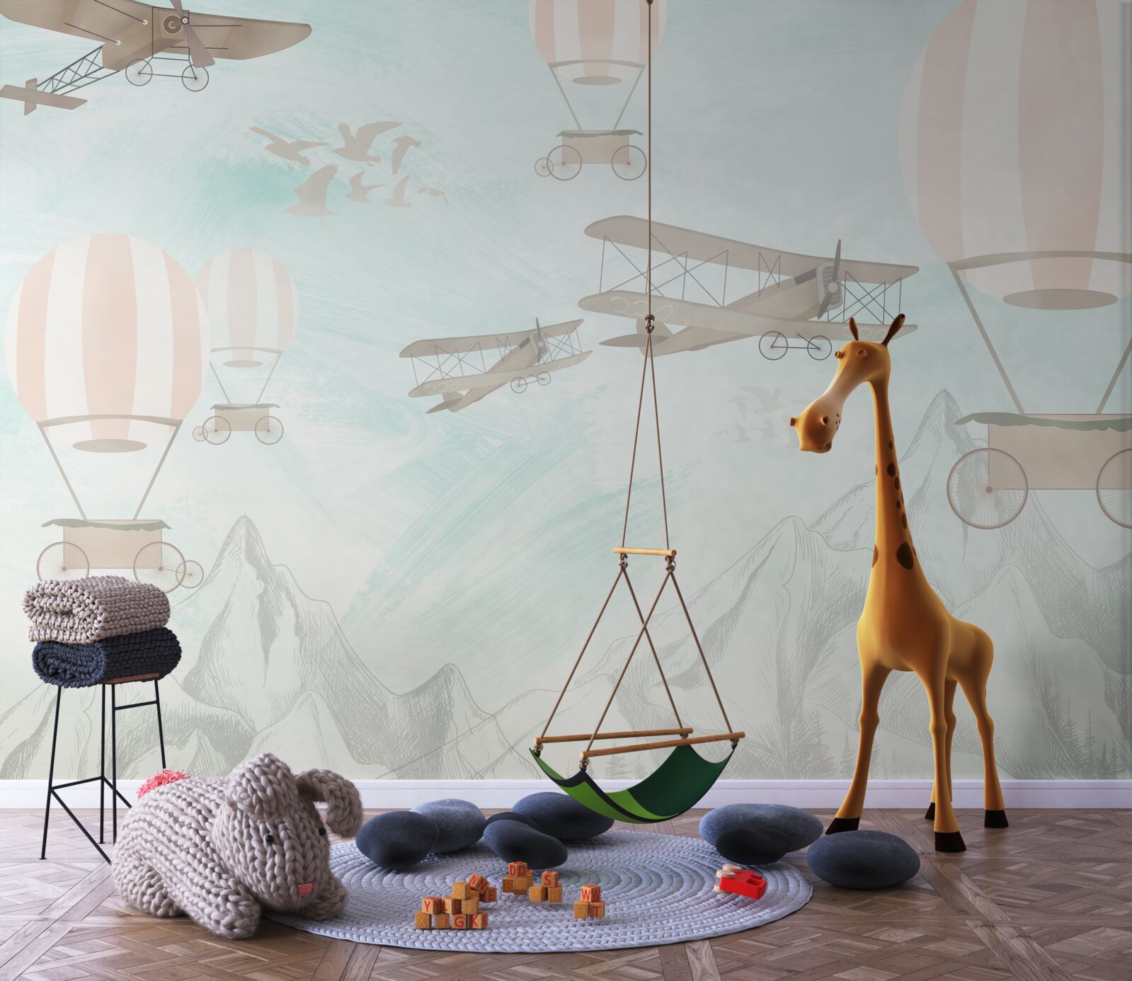 Fototapet baloane și avioane survolează munții