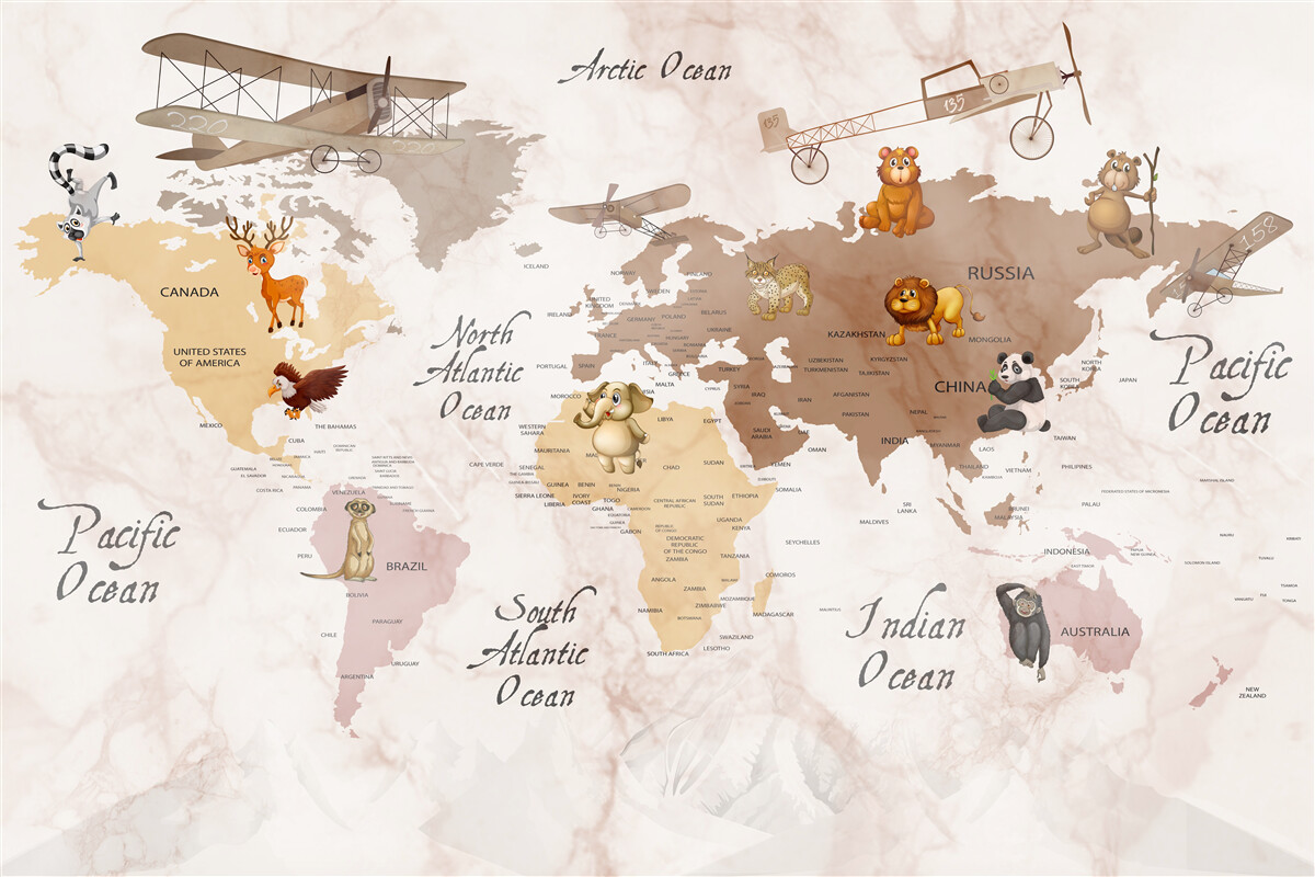 Fototapet harta lumii și principalii locuitori ai continentelor