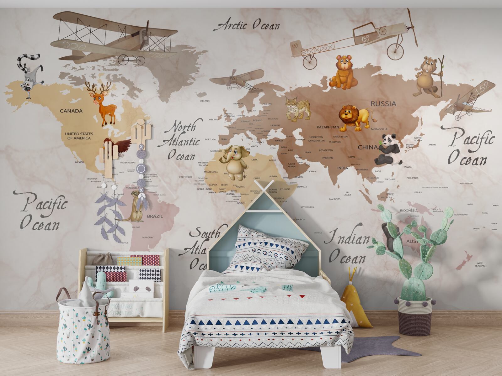 Fototapet harta lumii și principalii locuitori ai continentelor