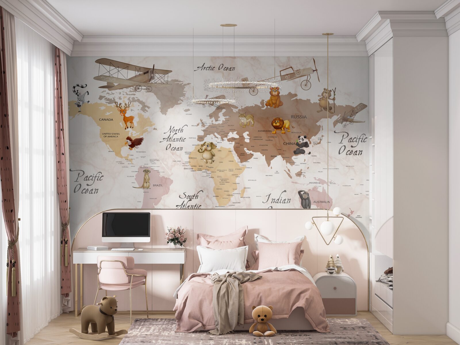 Fototapet harta lumii și principalii locuitori ai continentelor