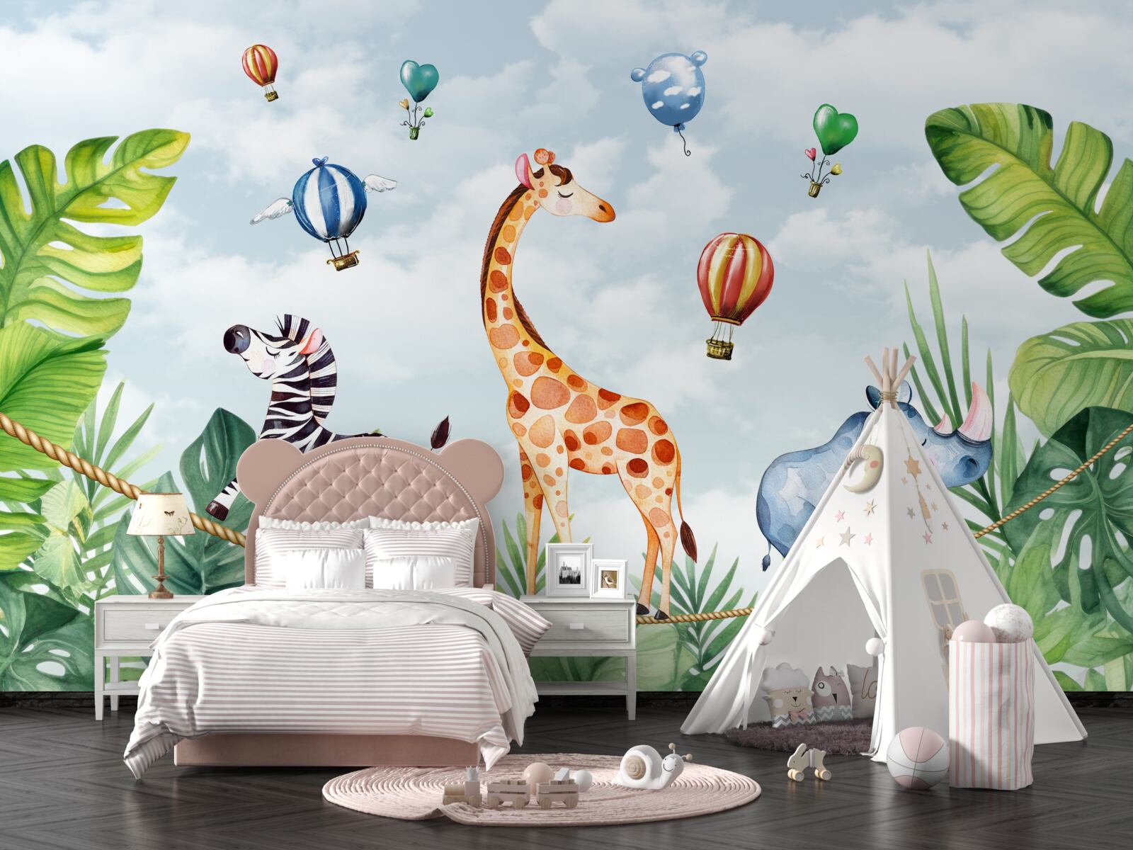 Fototapet acrobați pe o sârmă înaltă printre copaci