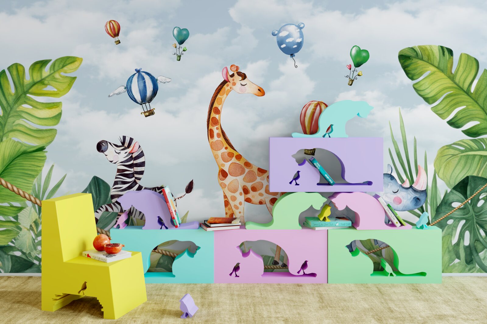 Fototapet acrobați pe o sârmă înaltă printre copaci