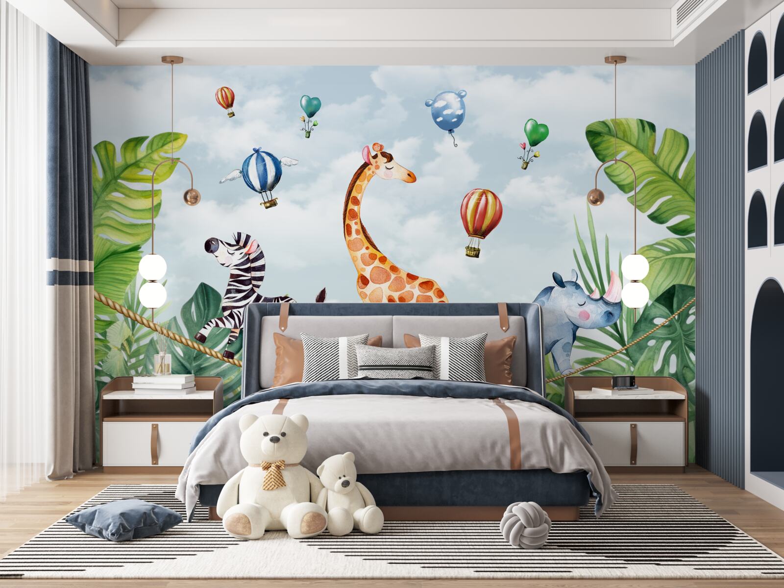 Fototapet acrobați pe o sârmă înaltă printre copaci