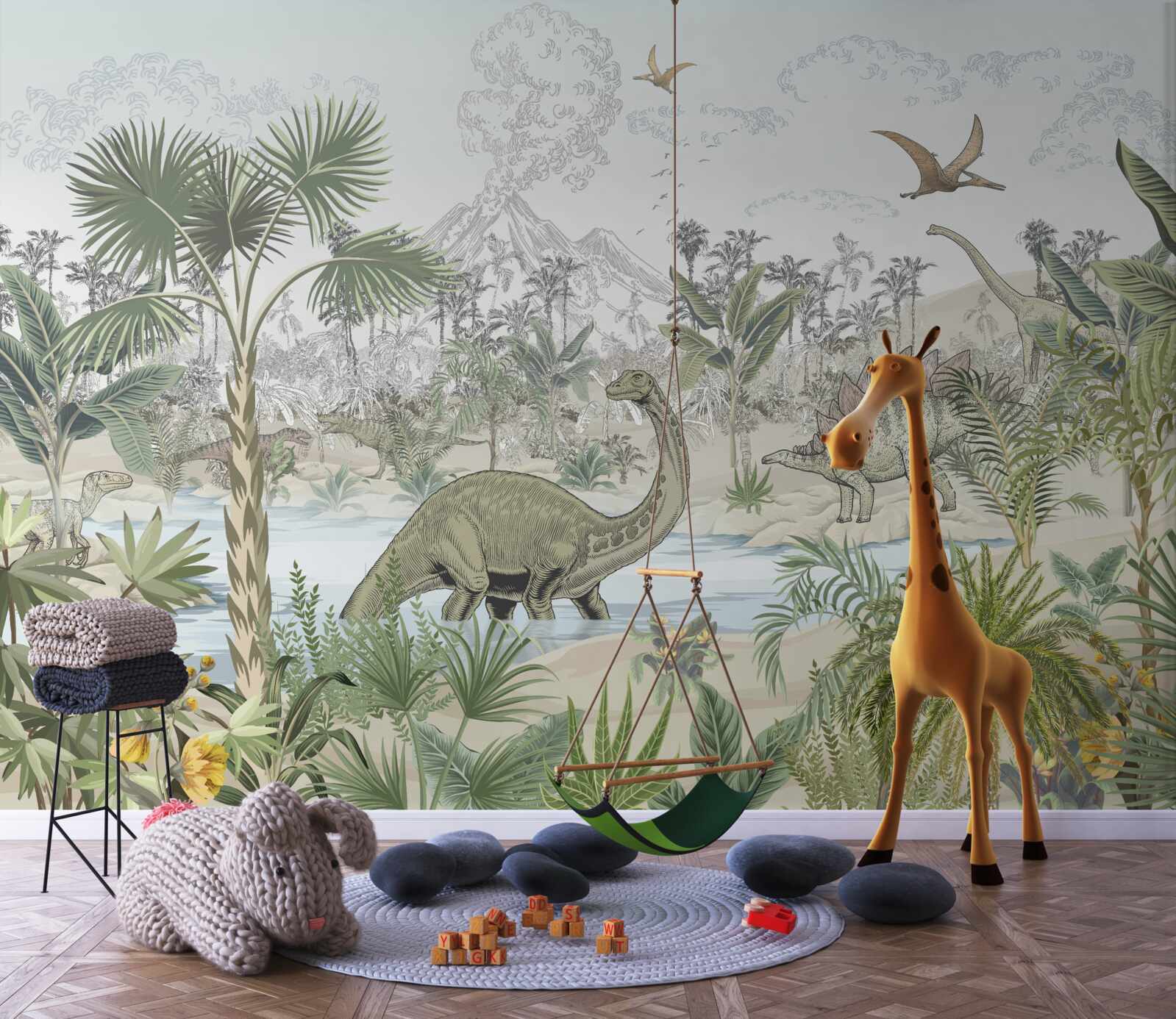 Fototapet există dinozauri în pădurea de lângă apă