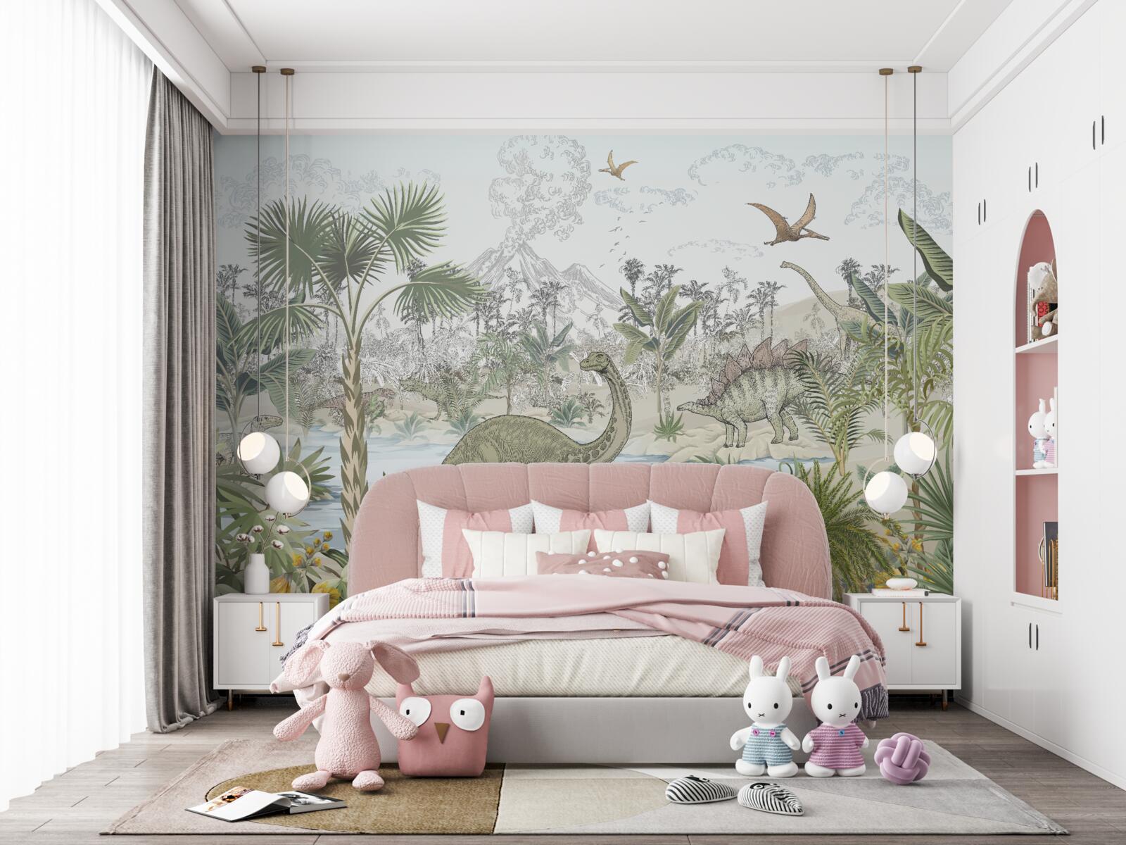 Fototapet există dinozauri în pădurea de lângă apă