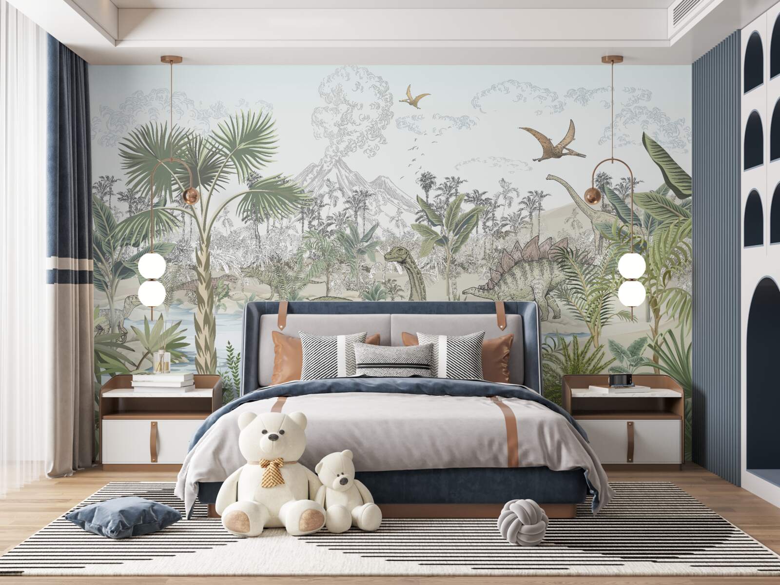 Fototapet există dinozauri în pădurea de lângă apă