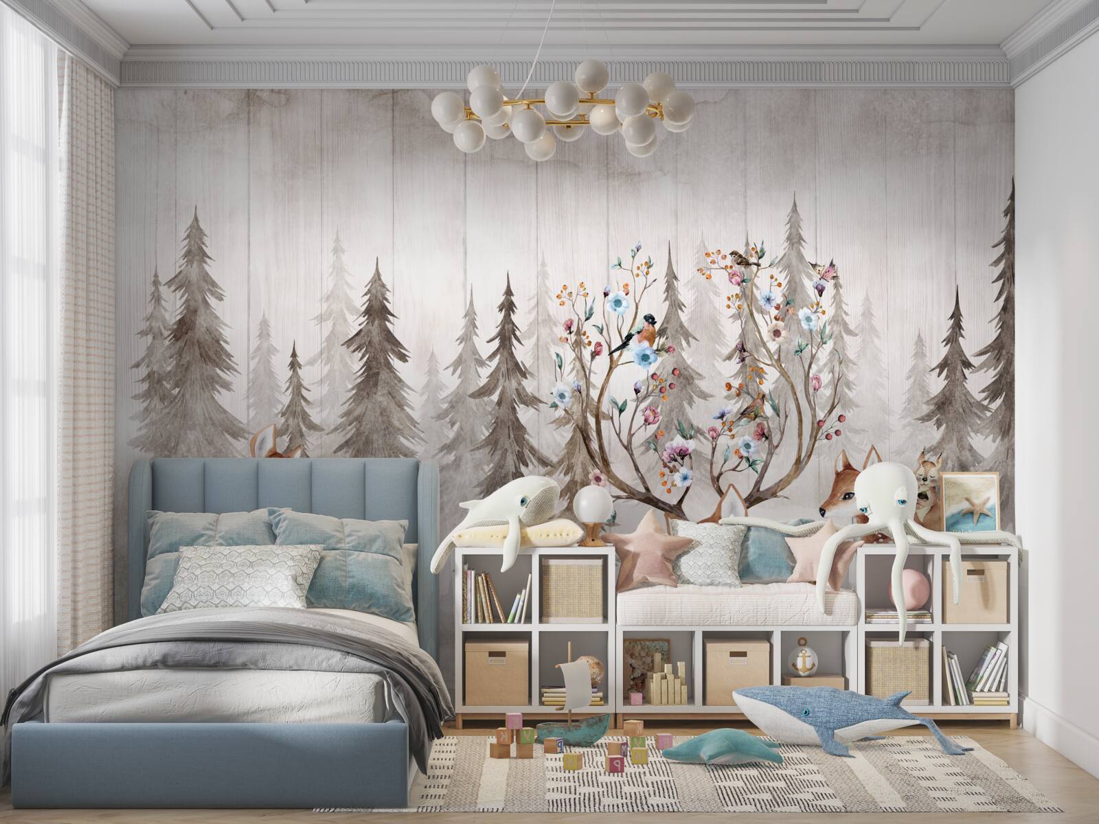 Fototapet o familie mare de căprioare care se odihnește în pădure